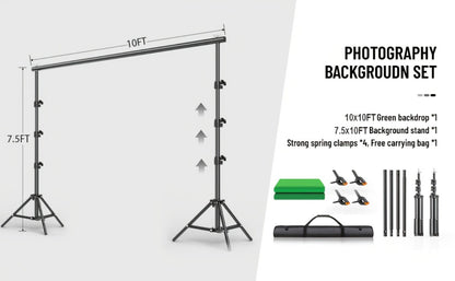 Green Screen Backdrop with Stand Kit 10x10Ft Chroma Key Background 7.5x10Ft Portable Stand with Carrying Bag 4 Clamps for Photoshoot