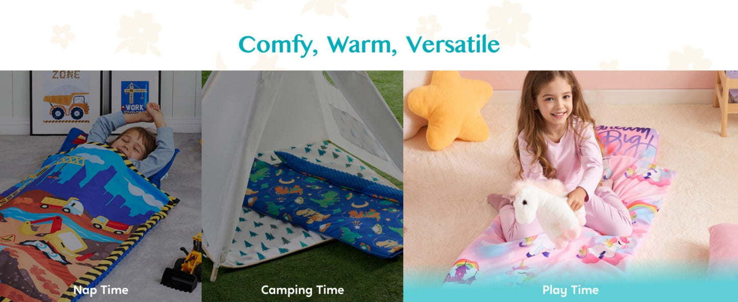 Kids Nap Mat with Removable Pillow & Minky Blanket - Roll-Up Sleeping Bag for Boys Girls, Blue Dinosaur Design
