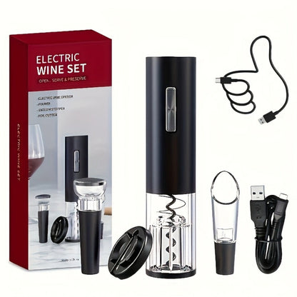 Electric Wine Opener Set 4-in-1 Rechargeable - USB-C Corkscrew with Blue LED, Vacuum Stopper