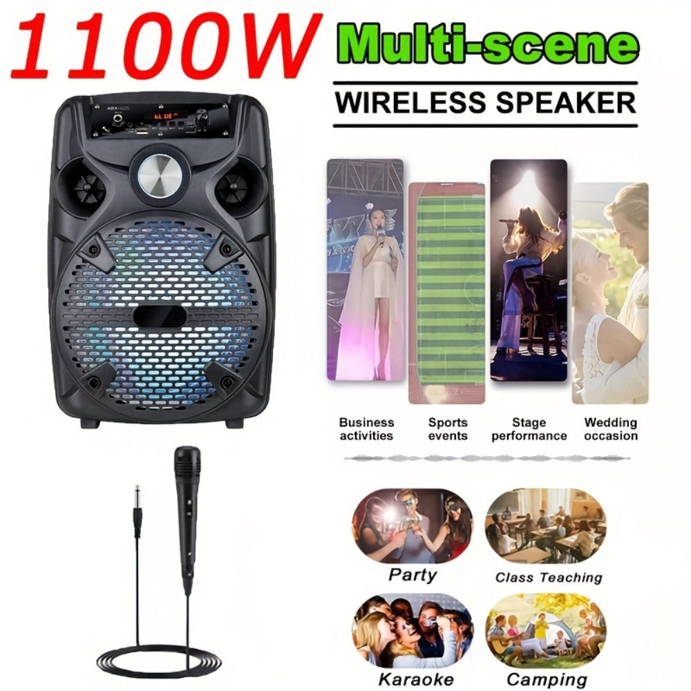 1100W Party Speaker with 7-Mode LED Lighting & Microphone, Portable Wireless Subwoofer, 8-Inch Bass Driver