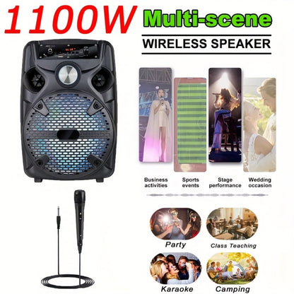 1100W Party Speaker with 7-Mode LED Lighting & Microphone, Portable Wireless Subwoofer, 8-Inch Bass Driver