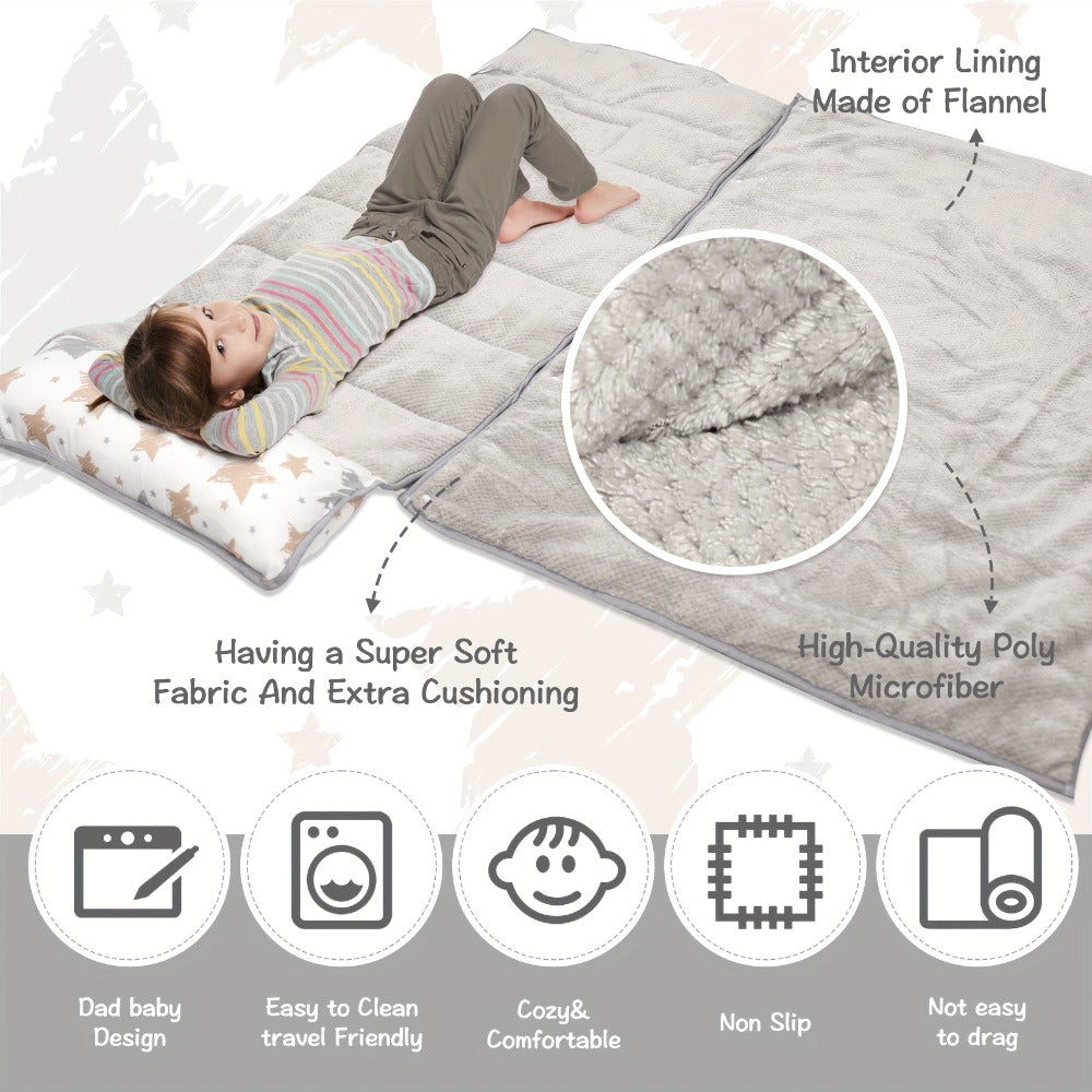 Toddler Nap Mat with Removable Pillow & Minky Blanket, Rollup Kids Sleeping Mat for Daycare Preschool