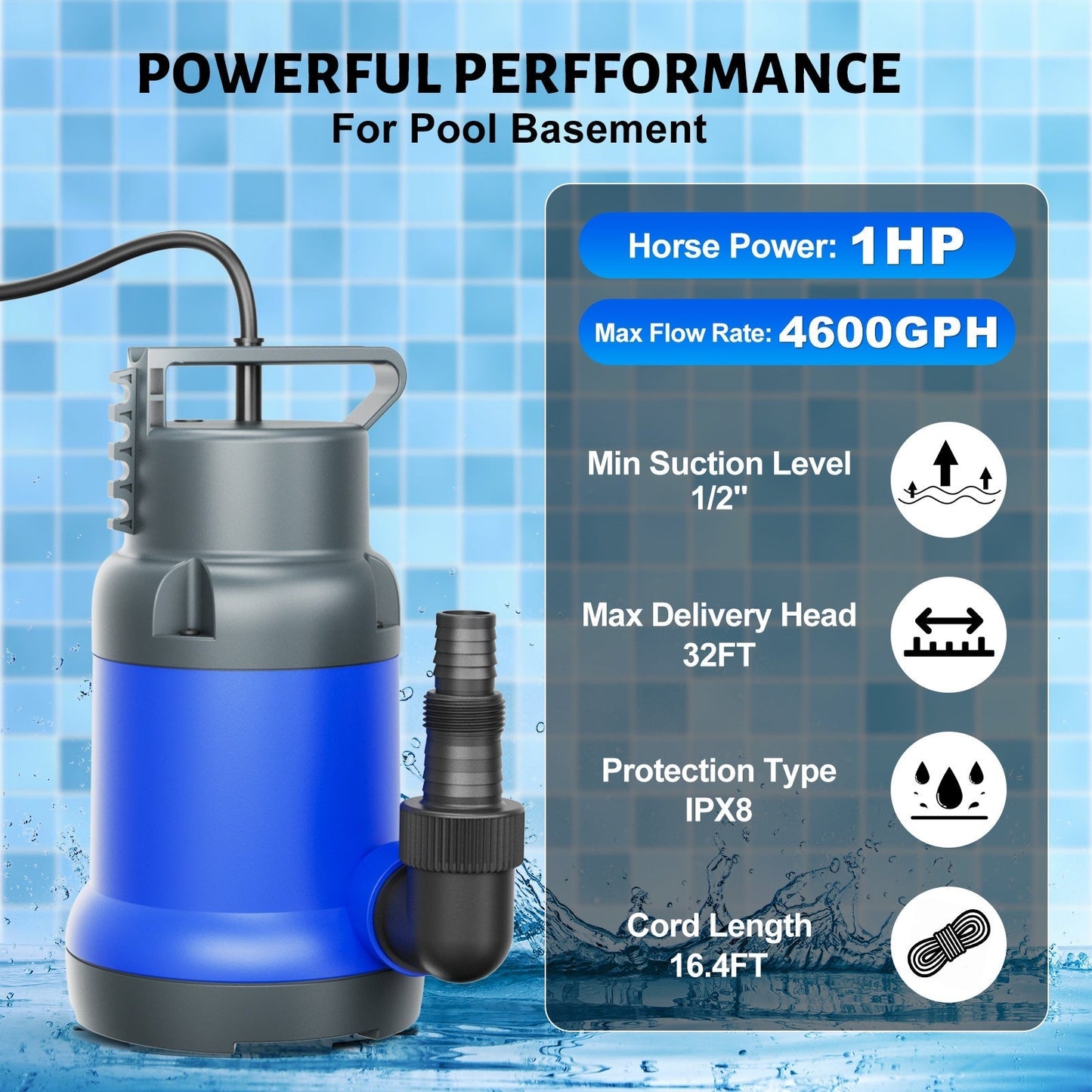 Submersible Sump Pump 1HP 4600GPH Portable Utility Water Pump for Pool Basement Flood Hot Tub