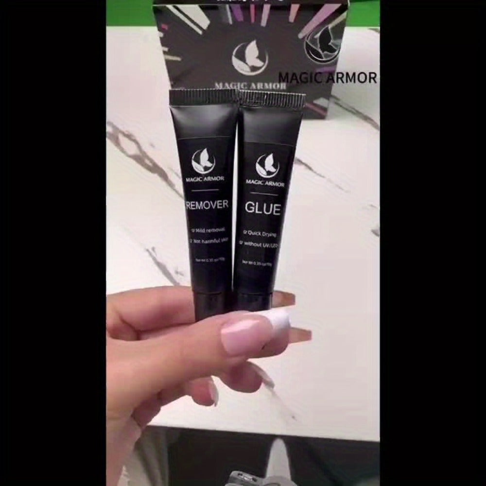 Nail Glue Kit, MAGIC ARMOR 10g Adhesive and Remover Tubes with Precision Nozzles for Press-On Nails