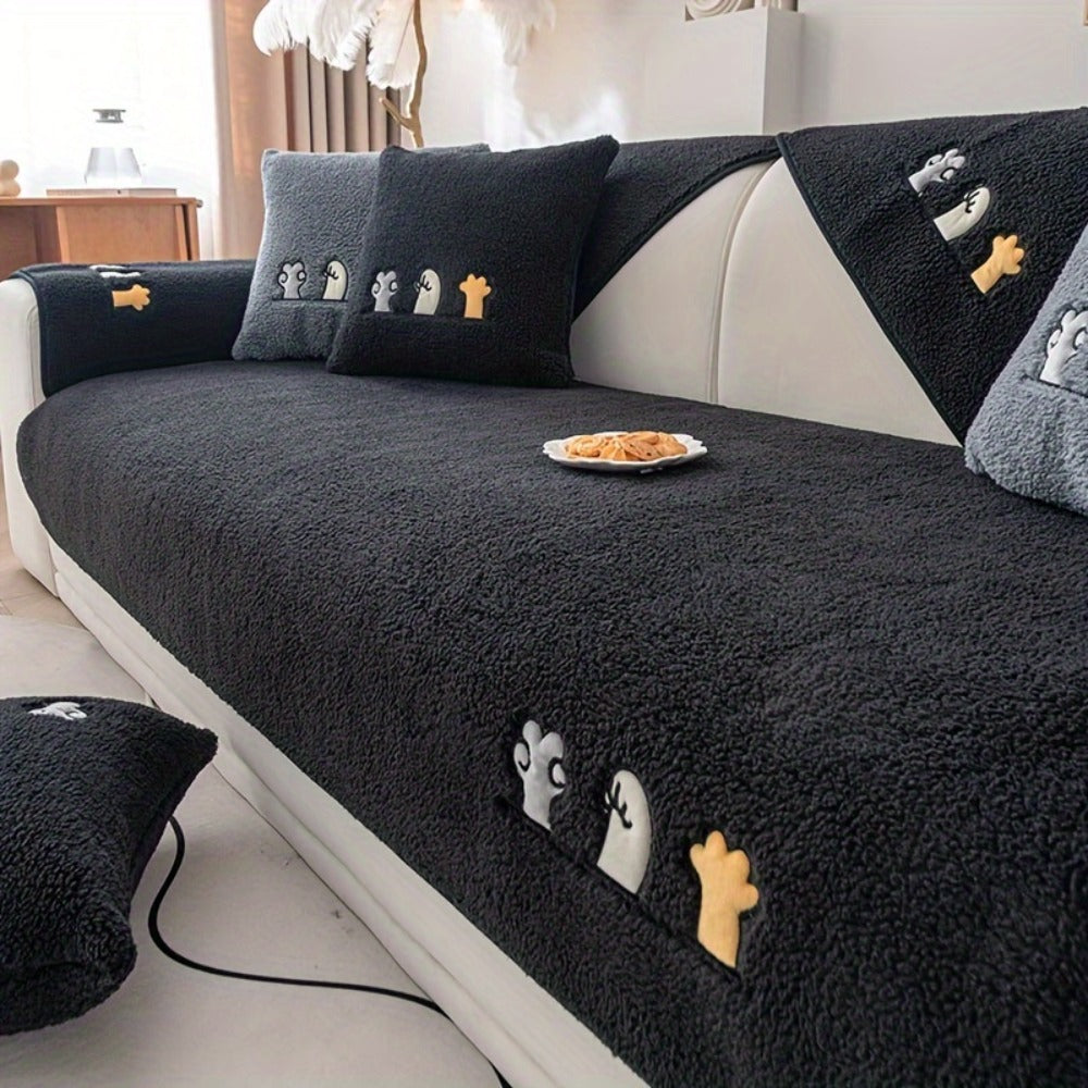 Sofa Cover Thick Plush Shearling Panels with Animal and Bone Embroidery and Backing Detail for 2 to 4 Seats