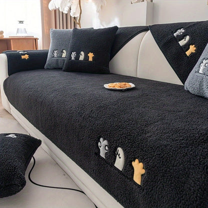 Sofa Cover Thick Plush Shearling Panels with Animal and Bone Embroidery and Backing Detail for 2 to 4 Seats
