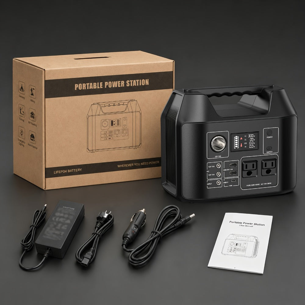 Portable Power Station 256Wh 300W Compact Unit with AC, DC, USB Outputs and Multi-Mode LED Light
