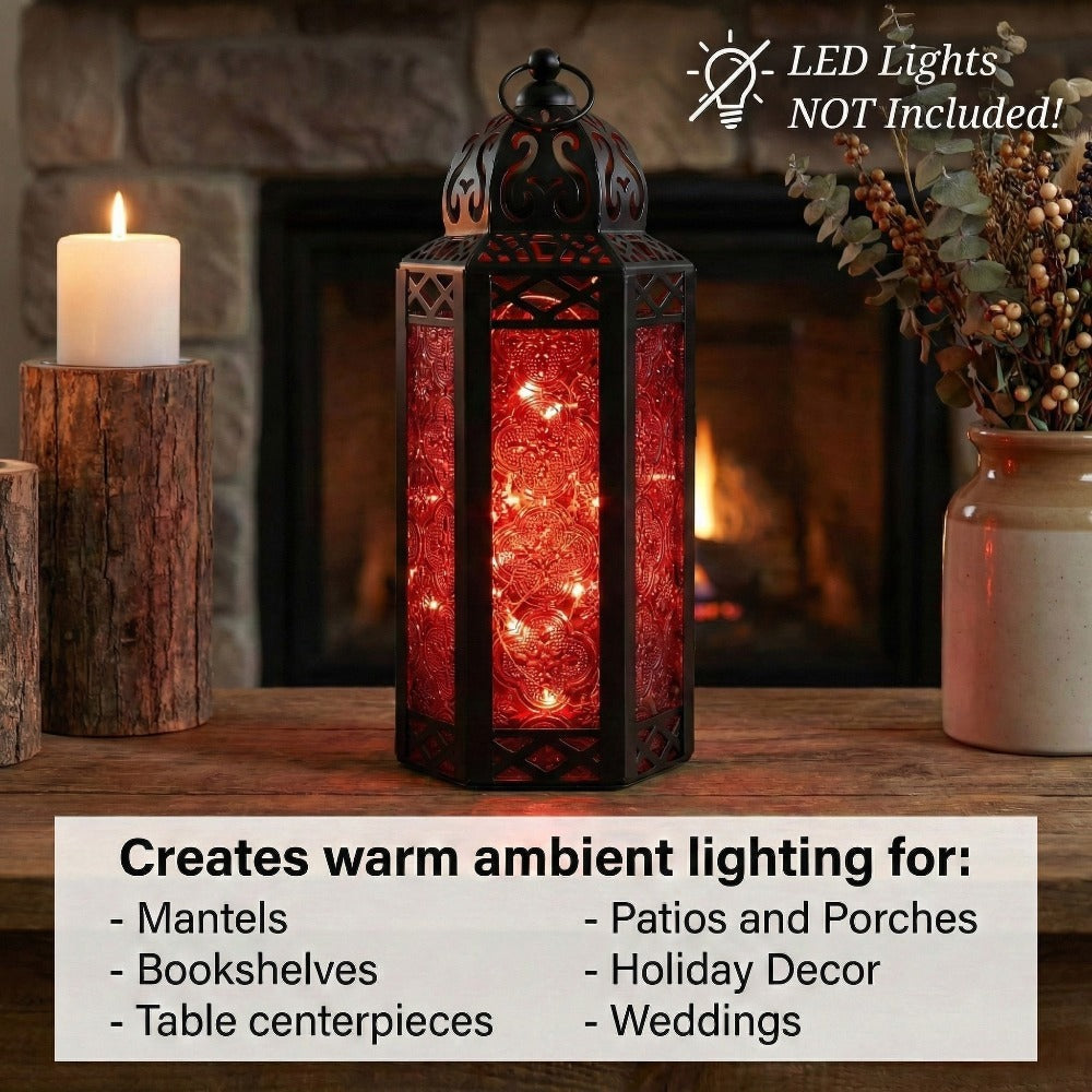 Moroccan Candle Lantern Holder - Decorative Metal & Glass Lantern with Embossed Floral Design for Indoor Home Decor