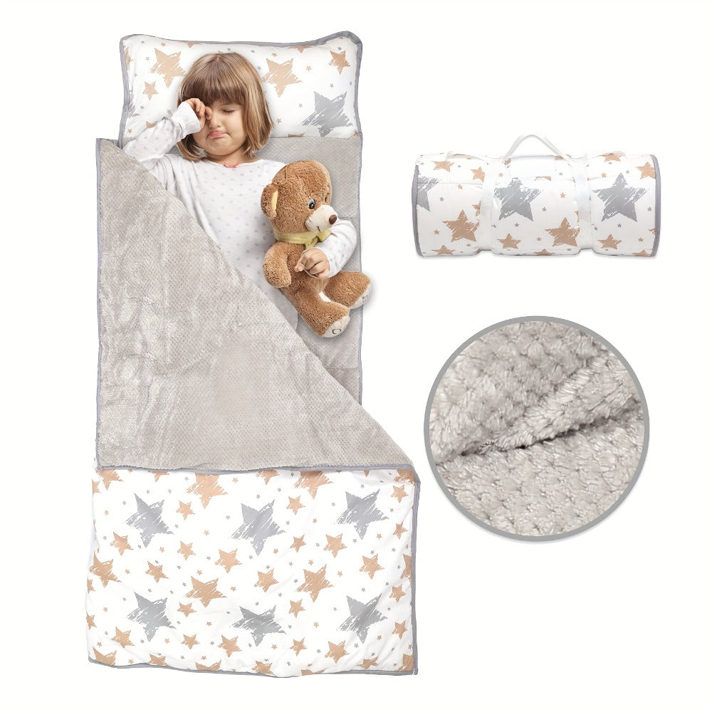 Toddler Nap Mat with Removable Pillow & Minky Blanket, Rollup Kids Sleeping Mat for Daycare Preschool