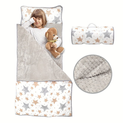 Toddler Nap Mat with Removable Pillow & Minky Blanket, Rollup Kids Sleeping Mat for Daycare Preschool