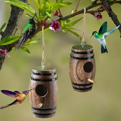 Hummingbird Nest Handcrafted Wood Vintage Barrel Hanging Outdoor Decor