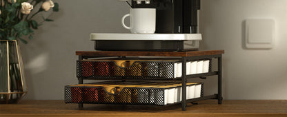 K-Cup Coffee Pod Holder 72 Capacity – 2-Tier Sliding Drawer Coffee Pod Organizer with Wood Top & Metal Frame, Non-Slip Base