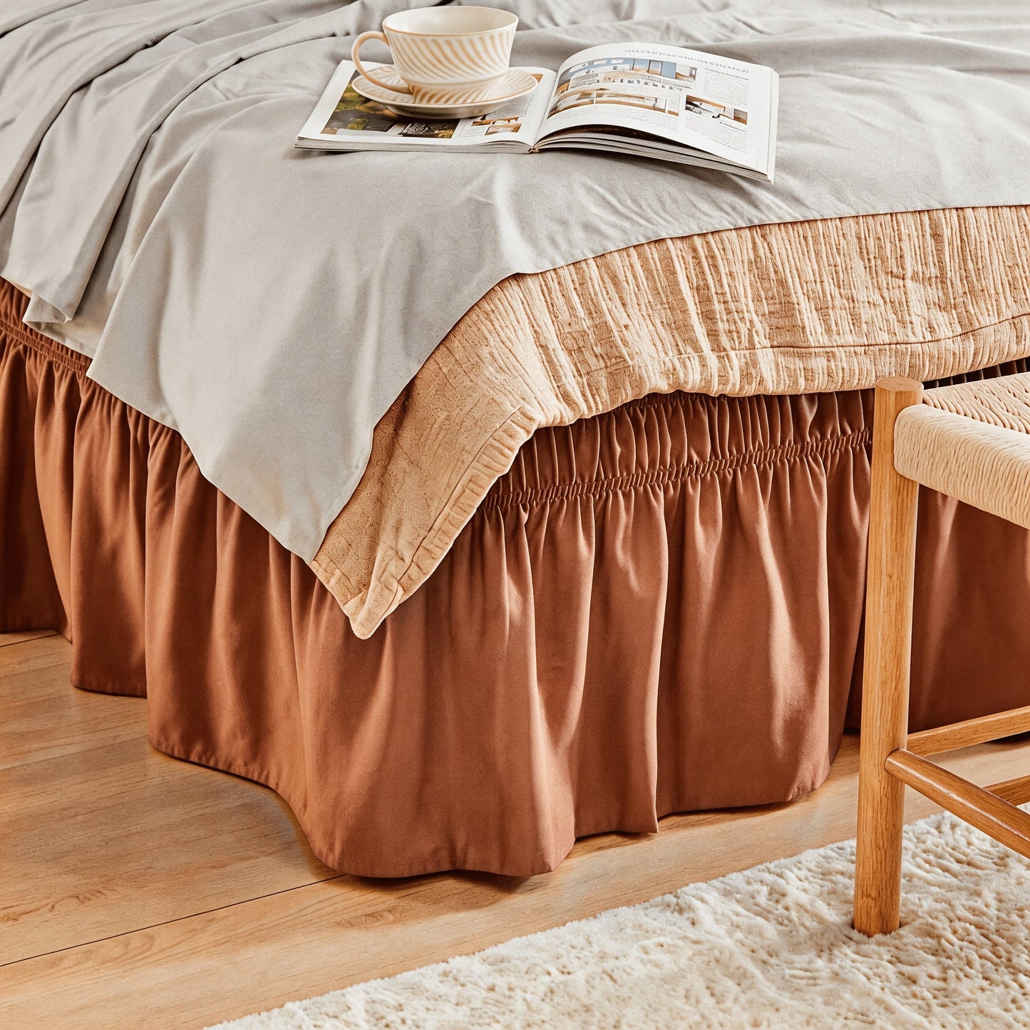 Bed Skirt Elastic Wrap Around Ruffle – 15 Inch Drop Microfiber Dust Ruffle, Adjustable No-Lift Fit, Fade Resistant Machine Washable