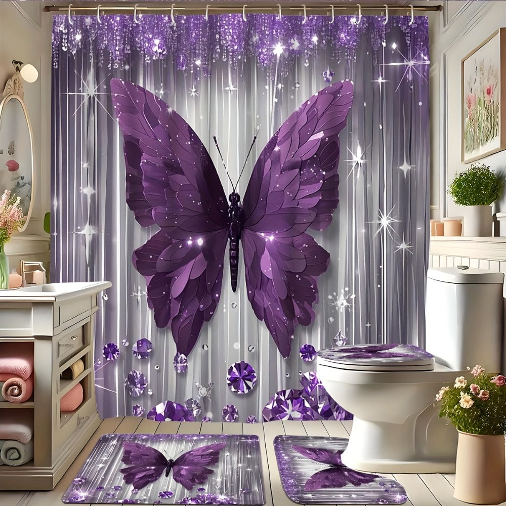 Butterfly-Print Shower Curtain with Four Colors and Single-Curtain or Four-Piece Bathroom Set Options