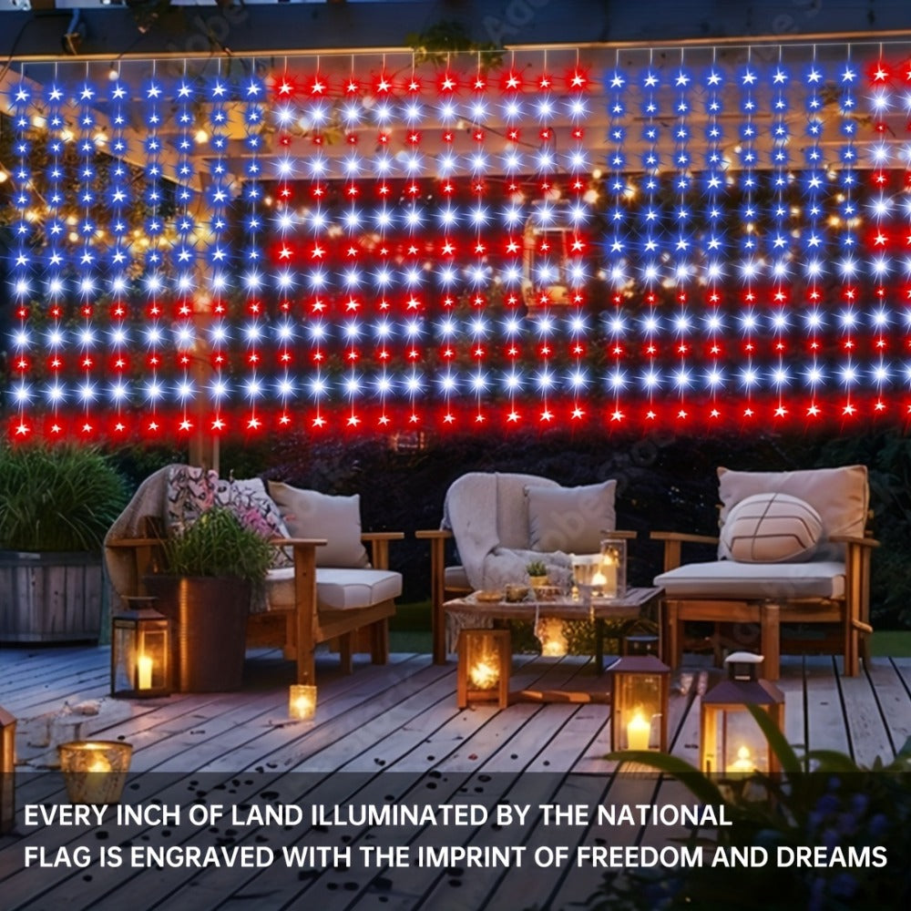 American Flag LED Curtain Lights 242 LEDs USB Powered, 4th of July Patriotic Decorations for Home Porch Garden Courtyard