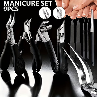 Manicure Pedicure Set 9 Piece Stainless Steel Nail Care Kit Professional Nail Clippers Nail File Cuticle Scissors for Ingrown Thick Toenails