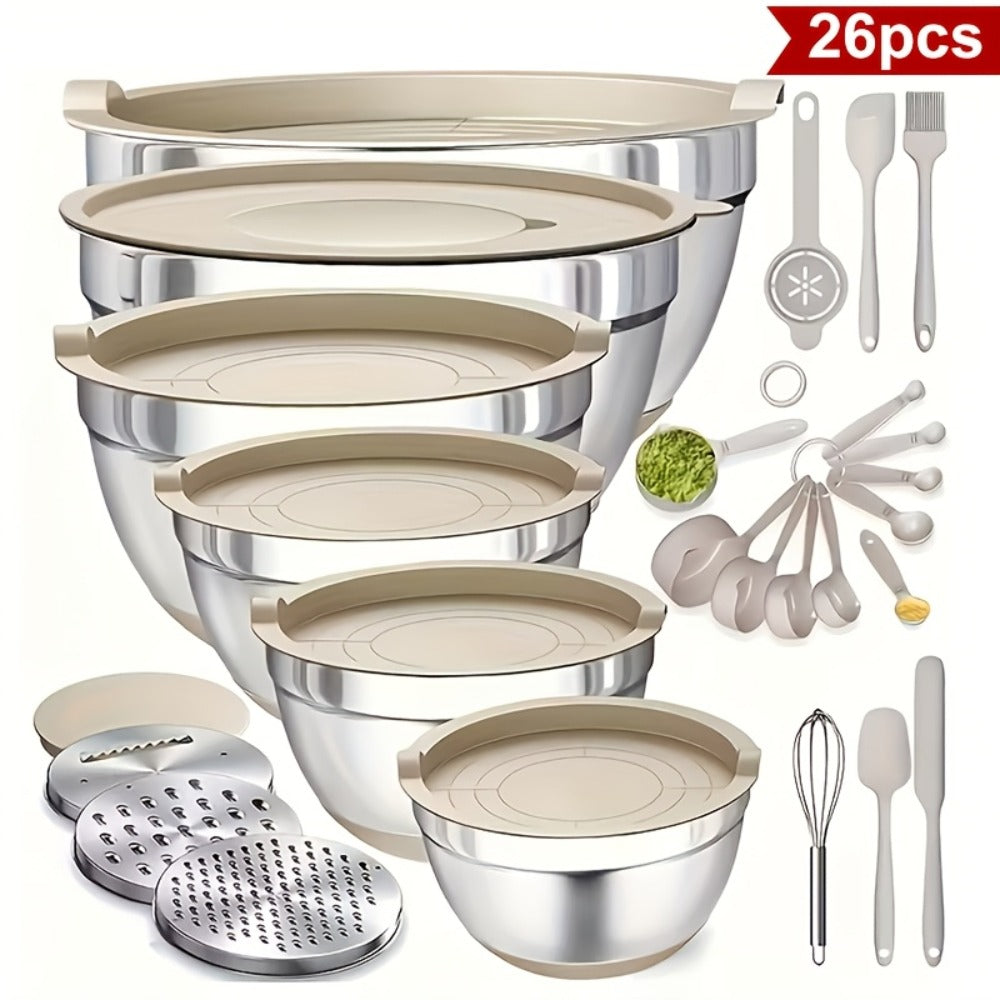 Stainless Steel Mixing Bowls with Airtight Lids 26pcs Set, 3 Grater Attachments, Bottoms, 7Qt 4Qt 2.5Qt 2Qt 1.5Qt 1Qt