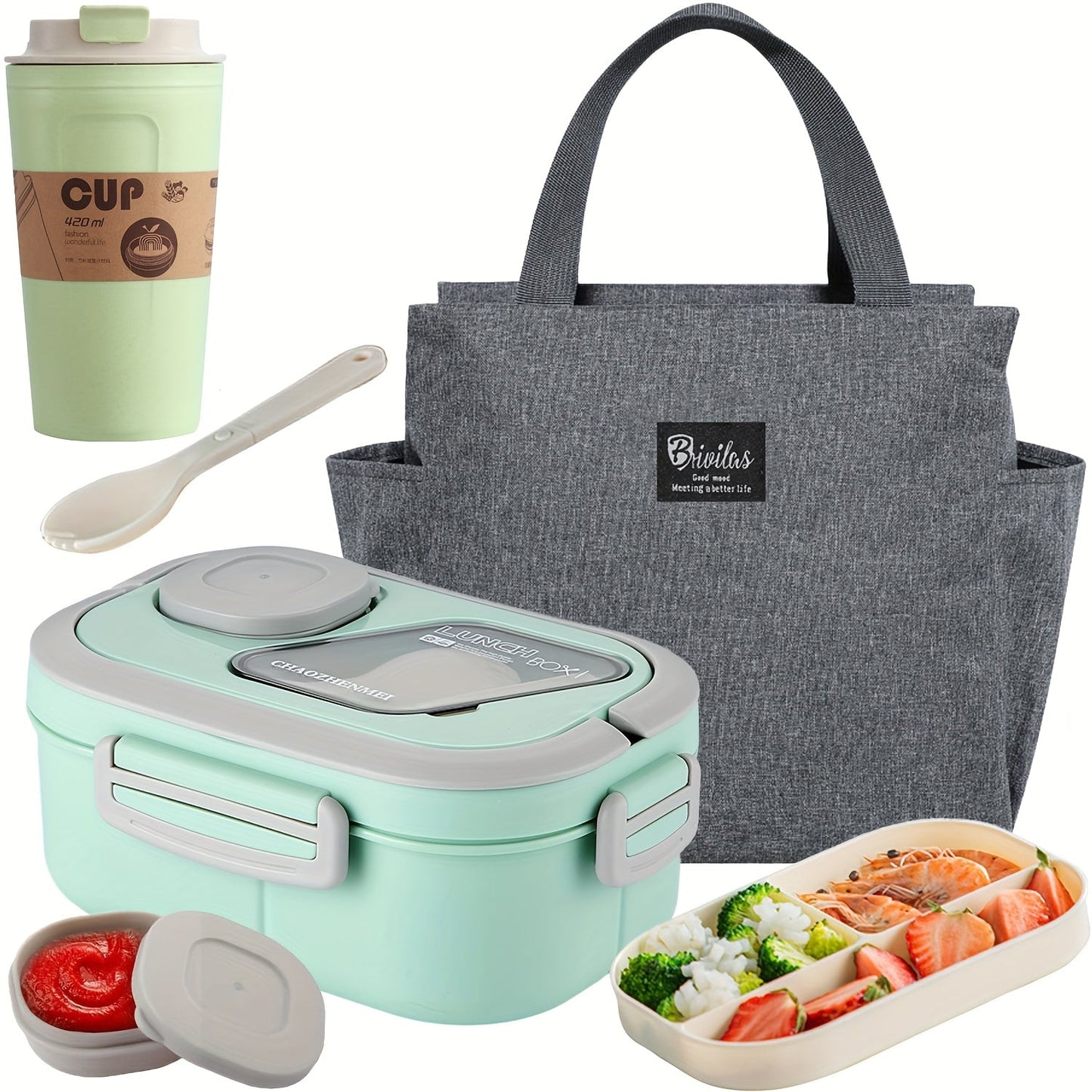 2-Layer Bento Lunch Box Set with Cup and Meal Bag - Multi-Grid Lunch Box for School, Office & Outdoor Picnics