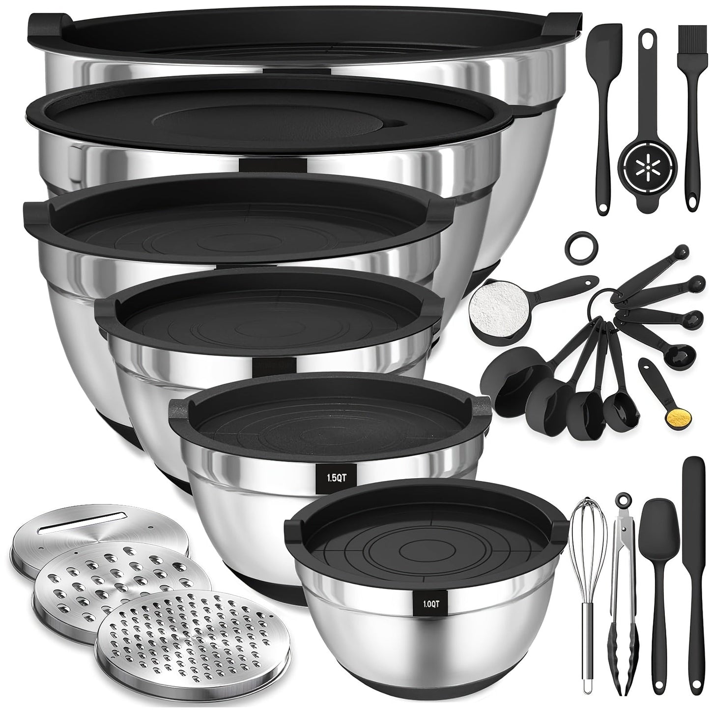 Mixing Bowls Set with Airtight Lids, 26pcs Stainless Steel Bowl Set with 3 Grater Attachments, Bottoms
