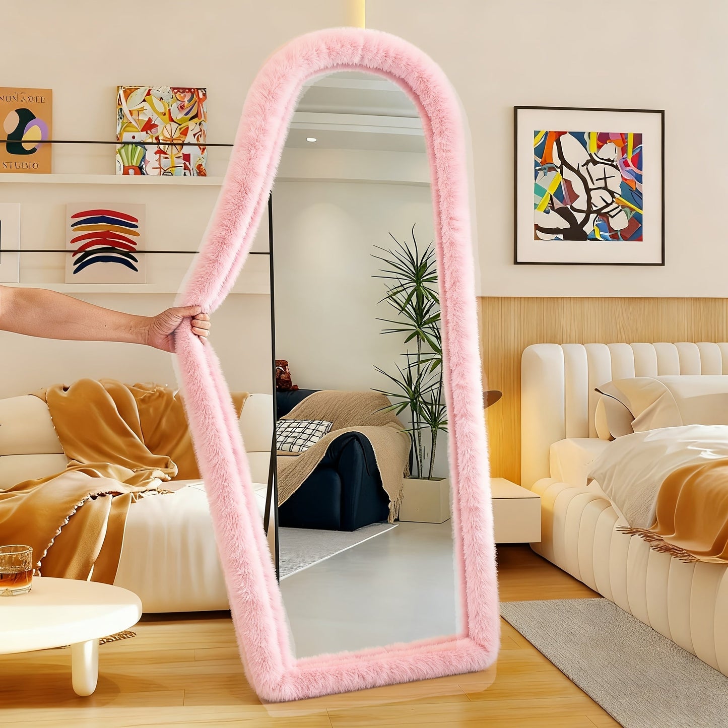 Full Length Floor Mirror Cover Fluffy Stretchable 64"x21" – Soft Non-Slip Irregular Shape Bedroom Dressing Room Mirror Sleeve 6 Colors