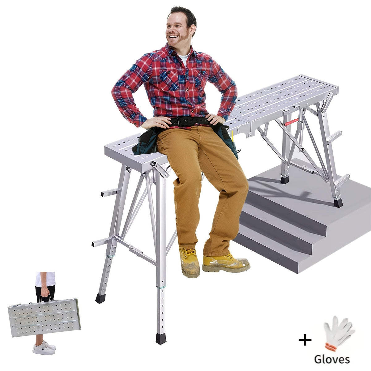Adjustable Folding Scaffolding Work Platform, Portable Drywall Bench Step Ladder with Anti-Slip Feet & Safety Lock