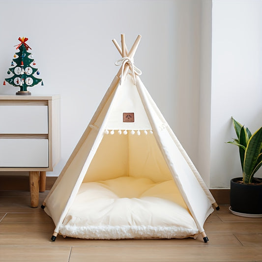 Pet Teepee Bed with Cushion – Linen Fabric Cat & Dog Tent, Dome-Shaped All-Season Indoor Outdoor House, Padded & Sturdy Frame