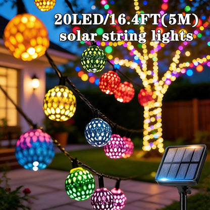 Moroccan Solar String Lights Outdoor – Metal Sphere Fairy Lights with 20/30/50 LED Beads, 8 Modes