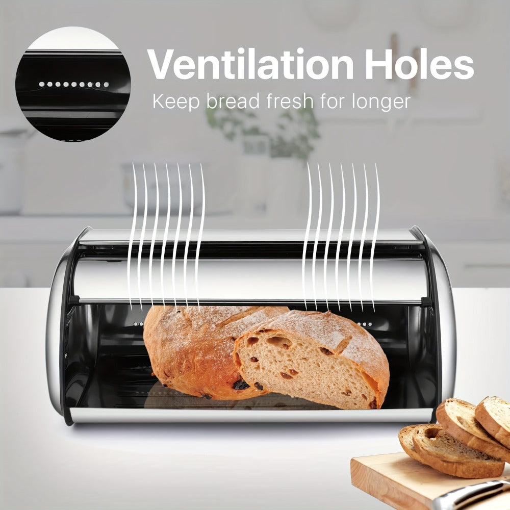 Stainless Steel Roll Top Bread Box 13 Inch - Countertop Bread Storage Container with Lid, Keeps Bread Fresh & Insect-Free