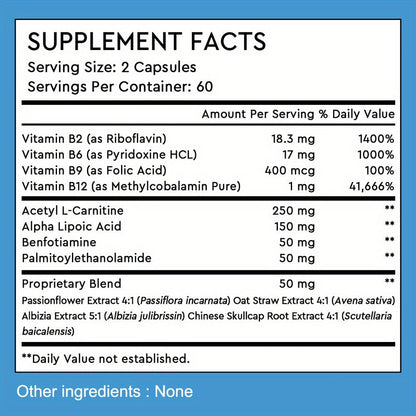 Neuro Health Support Supplement 120 Capsules with 12 Essential Vitamins & Antioxidants for Nervous System