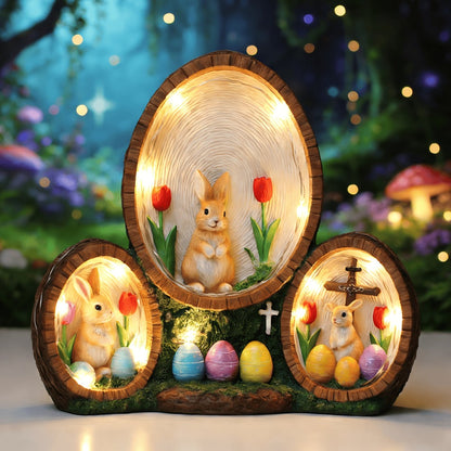 Handmade Resin Easter Egg Ornament - Painted Tulip Rabbit & Cross Decoration, Glowing Home Decor Accent for Easter