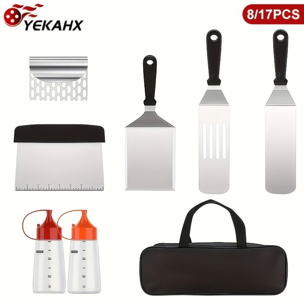 BBQ Grill Tool Set 8/17pcs, Teppanyaki Meat Press & Barbecue Accessories for Outdoor Camping, Kitchen & Parties