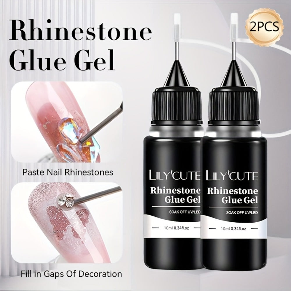 Nail Rhinestone Adhesive Gel 2pcs 0.34oz Clear Sticky Glue for 3D Nail Art Gems Charms Crystals Drill Jewelry