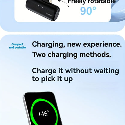 Power Bank 5000mAh Mini with Rotating 2-in-1 Lightning/USB-C Plug and Battery Indicator in Black or Pink