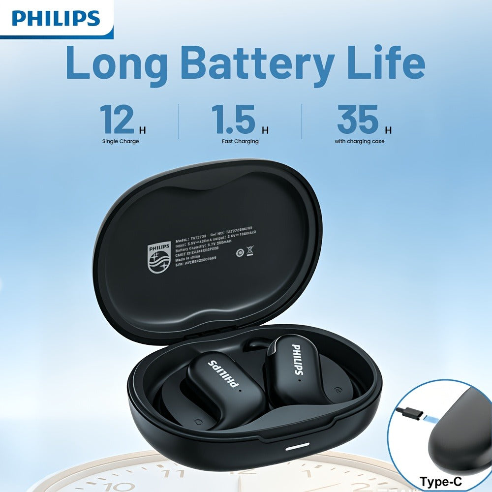 Philips TAT2739 Open Air Earbuds Wireless Bluetooth 5.3 Ear Hook Headphones with Wireless Charging Case
