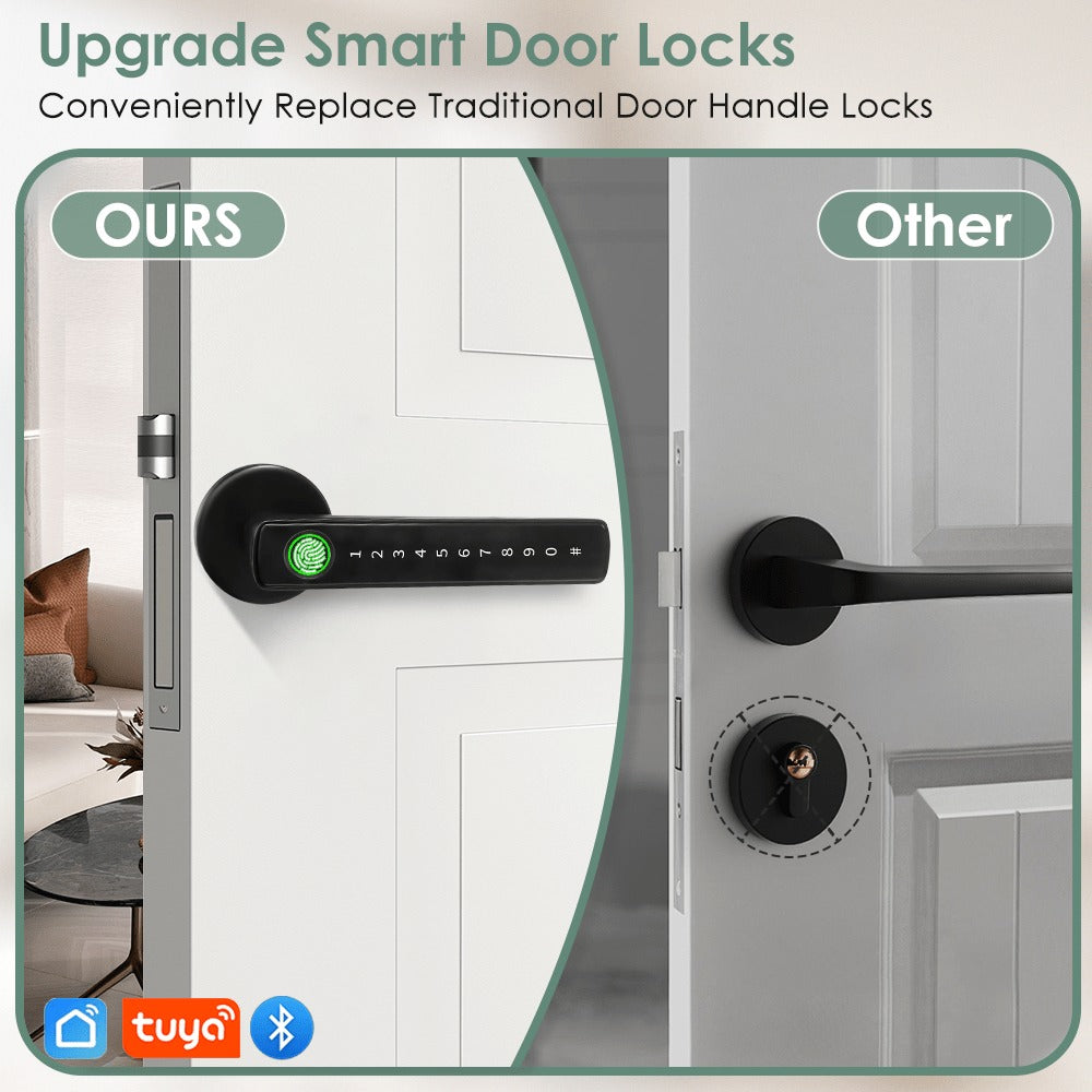 Aluminum Alloy Smart Door Handle Lock 4-in-1 with Fingerprint, Password, App & Key, Left & Right Hand Compatible