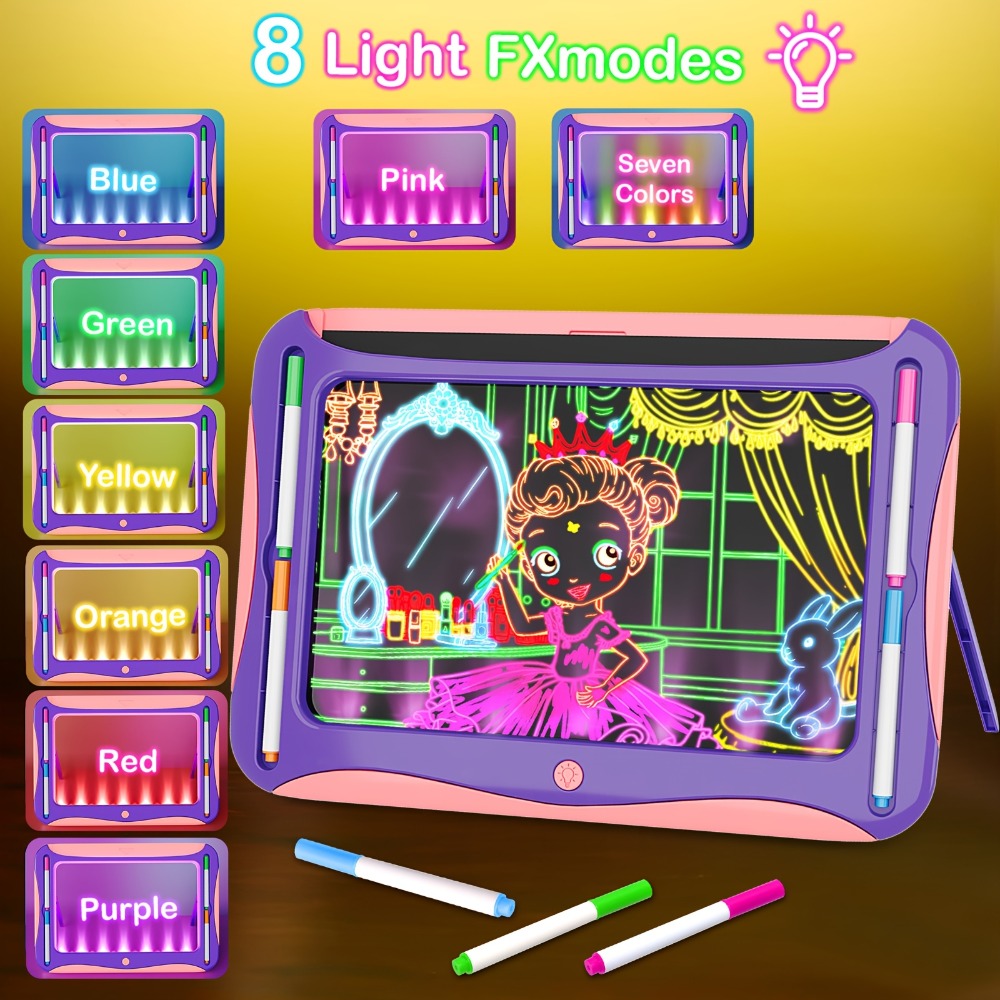 LED Light Up Drawing Board for Kids, 9 Double-Sided Tracing Cards 6 Markers Glow Doodle Travel Art Toy for Girls Boys Ages 3-8
