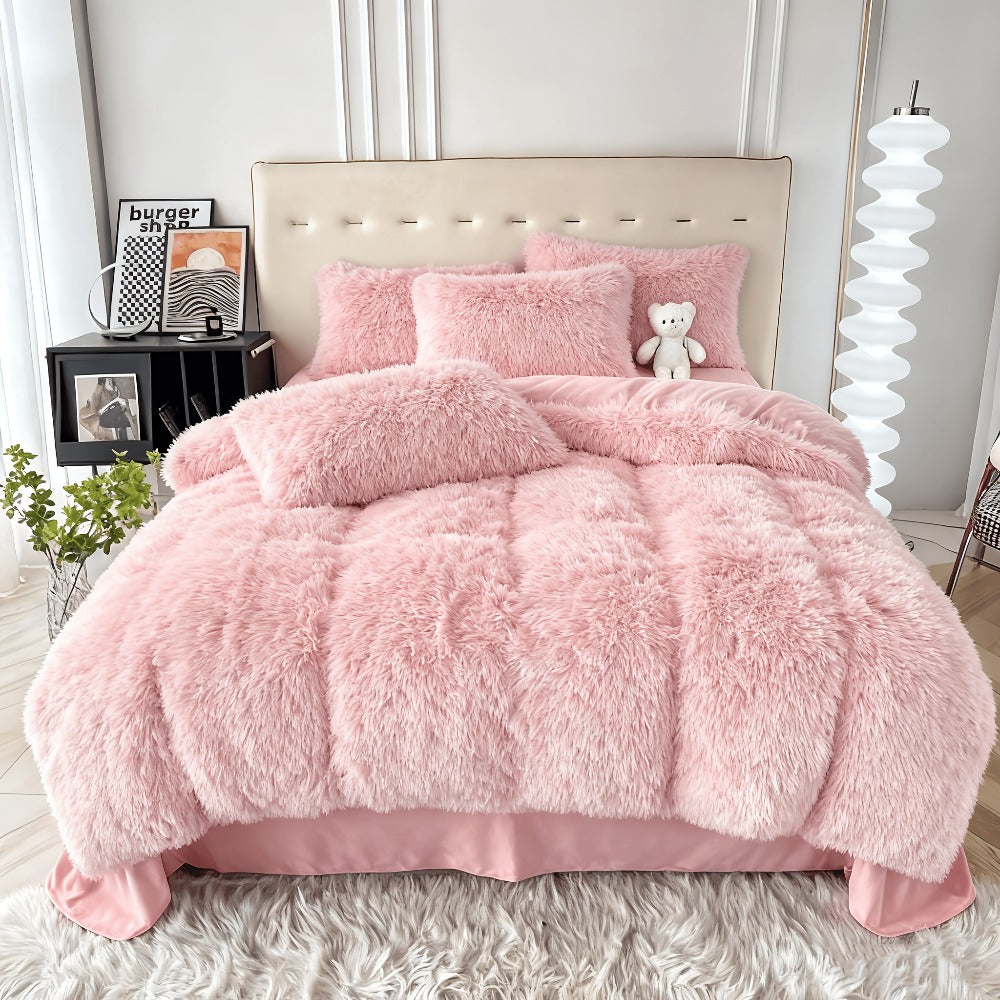 Velvet Duvet Cover Set Fluffy Plush Bedding Minimalist Solid Color, Carved Velvet Quilt Cover with Pillow Shams