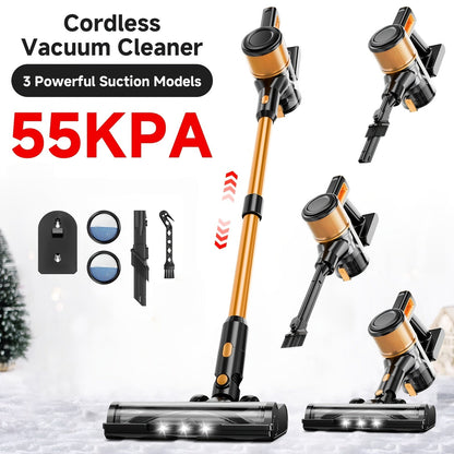 Cordless Vacuum Cleaner 55KPa 8-in-1 Stick Vacuum with LED Light 180° Swivel Wireless for Entryways, Bedrooms and Living Spaces