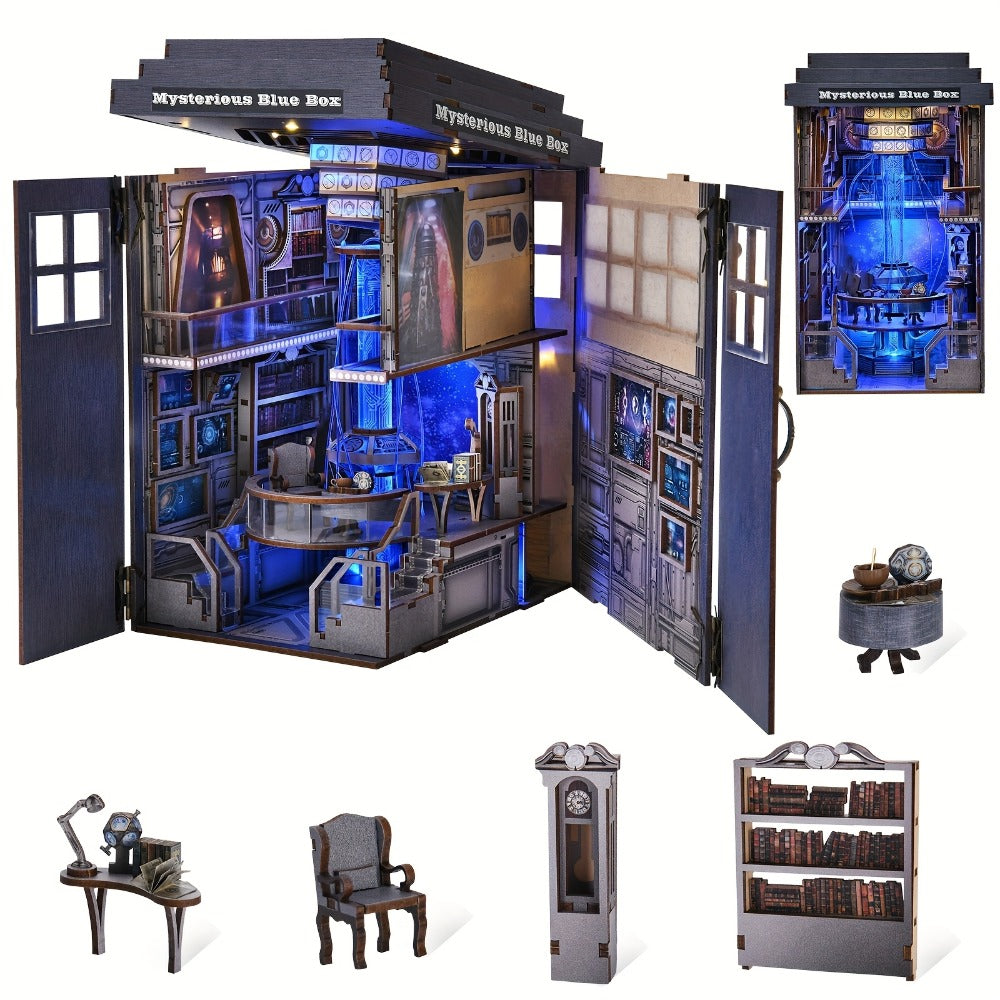 Mysterious Blue Box Book Nook Kit CH08 with 368-Piece Fantasy Workshop Scene and Touch-Controlled Blue Light
