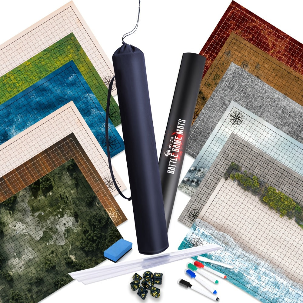 DnD Battle Map 3 Pack 24x36 Inch Dry Erase – Double-Sided 6 Terrain Grid Mats with Dice Accessories & Shoulder Bag