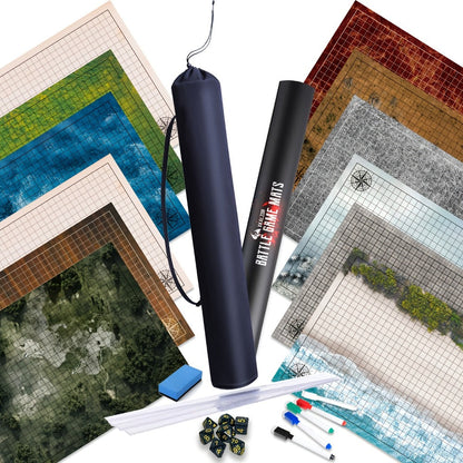 DnD Battle Map 3 Pack 24x36 Inch Dry Erase – Double-Sided 6 Terrain Grid Mats with Dice Accessories & Shoulder Bag