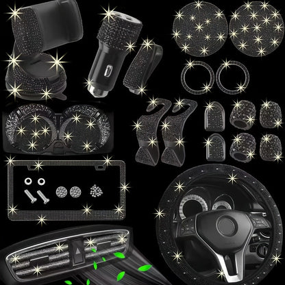 27pcs Bling Car Accessories Set for Women – Steering Wheel Cover 15", Car Coasters, License Plate Frame & Phone Holder