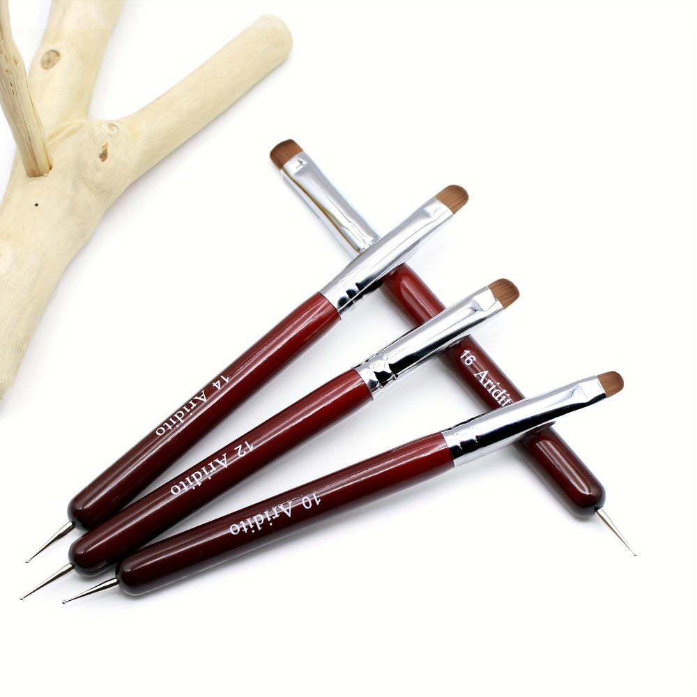 Acrylic Nail Art Brushes Set 4pcs with Dotting Pens – Red Wood Handle Precision Tips #10 #12 #14 #16 for French Manicure Nail Sculpting