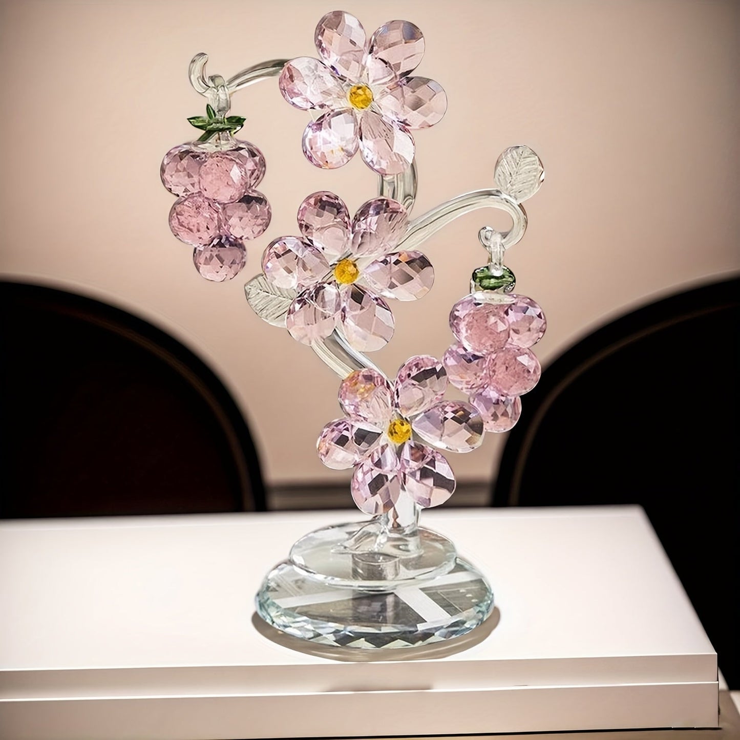 Pink Crystal Tree Statue Ornament – Romantic Crystal Flower Sculpture with Rotatable Base, Elegant Home Decor Gift for Valentine's Day