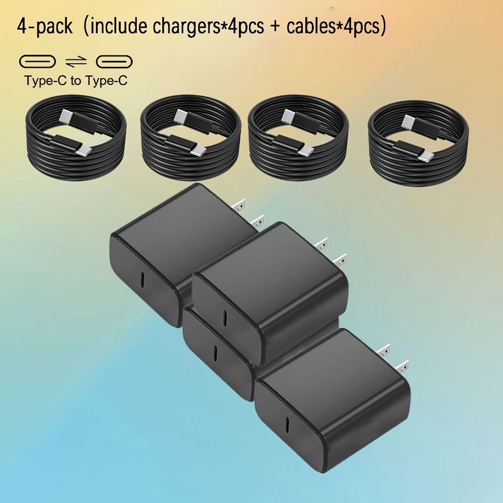 Four-Pack USB-C Wall Charger Bundle with Four Black Charging Blocks and Four Type-C Cables