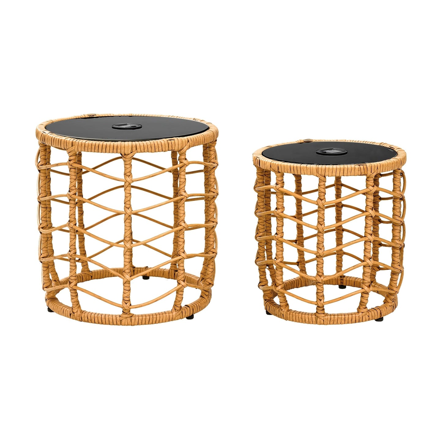 Outdoor Side Tables for Patio, Set of 2 Nesting PE Wicker Frames with Tempered Glass Tops for Patio or Balcony Layouts