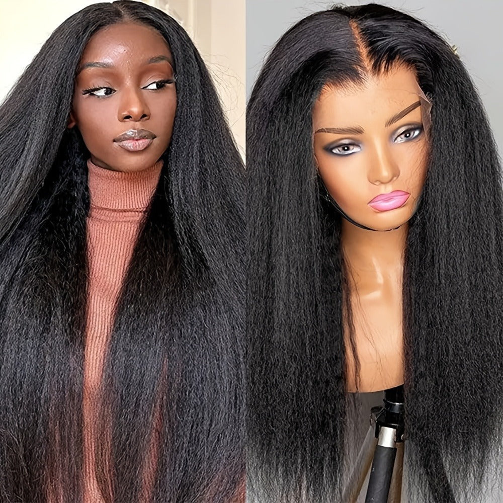 Synthetic Wig 26-Inch Black Kinky-Straight Yaki with HD Lace Front, Glueless Cap and with Item-Specific Color, Length, Texture and Cap