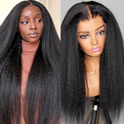 Synthetic Wig 26-Inch Black Kinky-Straight Yaki with HD Lace Front, Glueless Cap and with Item-Specific Color, Length, Texture and Cap