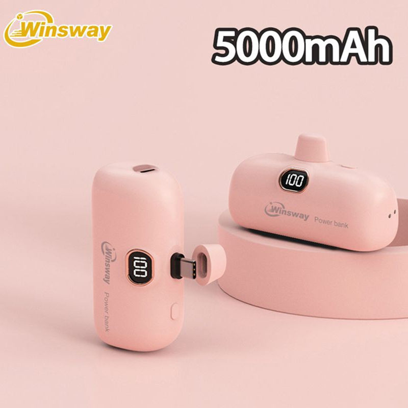 Power Bank 5000mAh Mini USB-C Plug-In Style with Digital Display in Pink or White for Travel