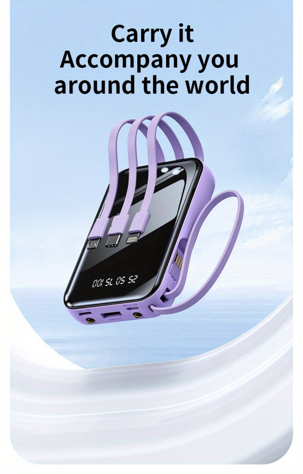 Power Bank 50000mAh 22.5W with Integrated Cable Array, Digital Display and LED Flashlight in Two Colors